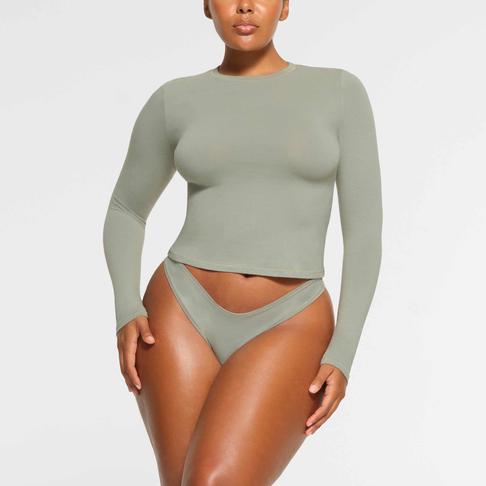 SKIMS COTTON JERSEY LONG SLEEVE T-SHIRT | MINERAL