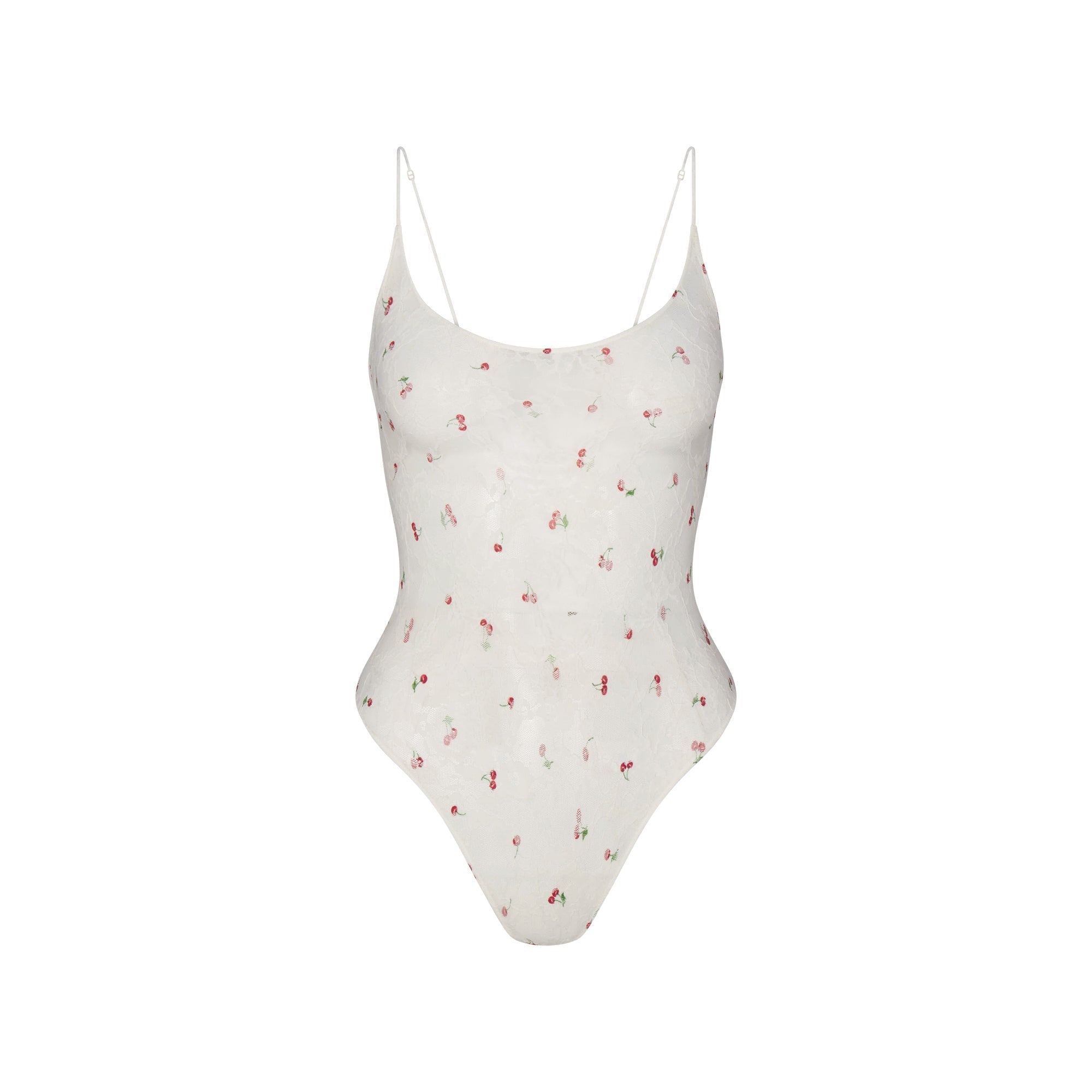 SKIMS STRETCH LACE SCOOP NECK BODYSUIT | IVORY CHERRY PRINT