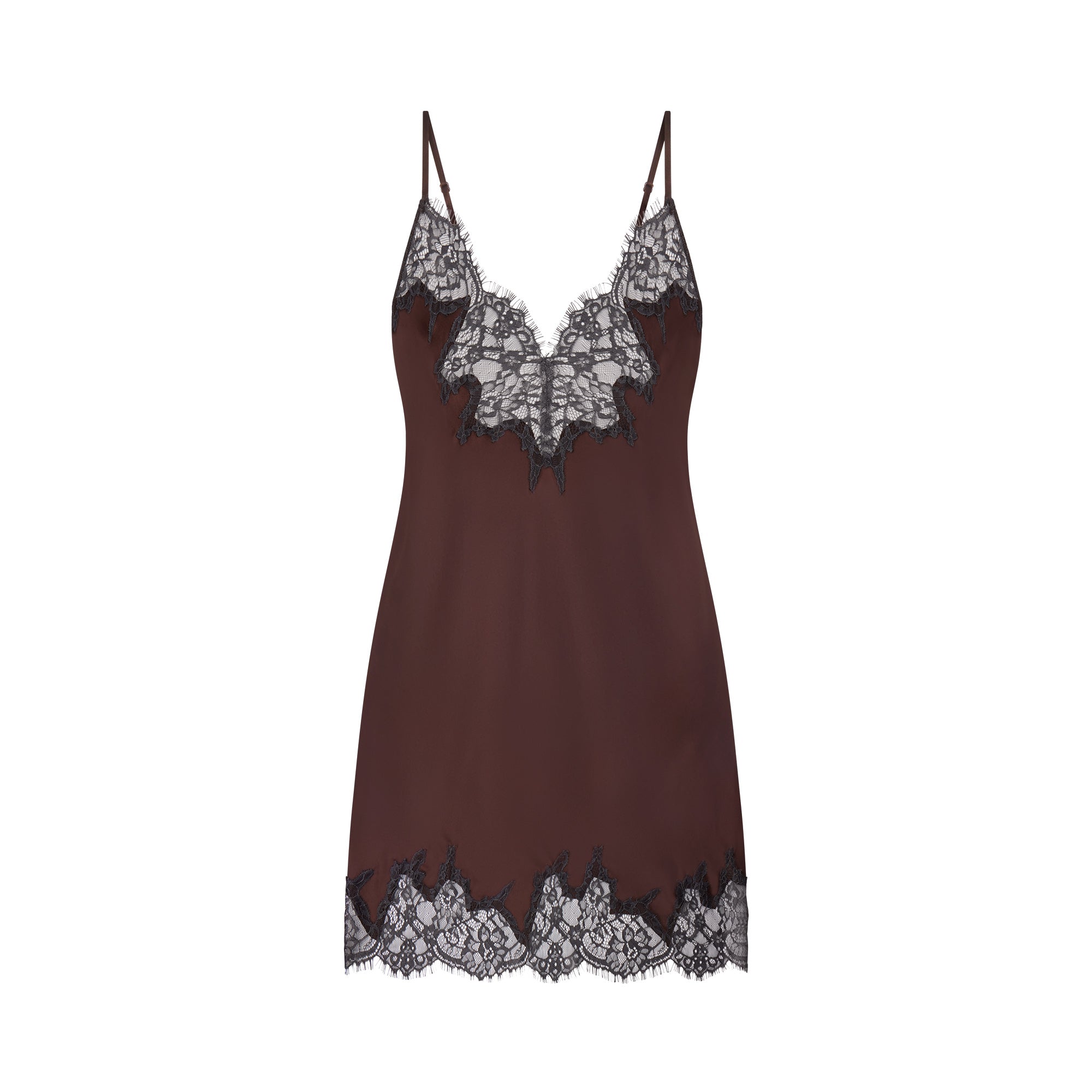 SKIMS SILK LACE MINI SLIP DRESS | ESPRESSO CONTRAST