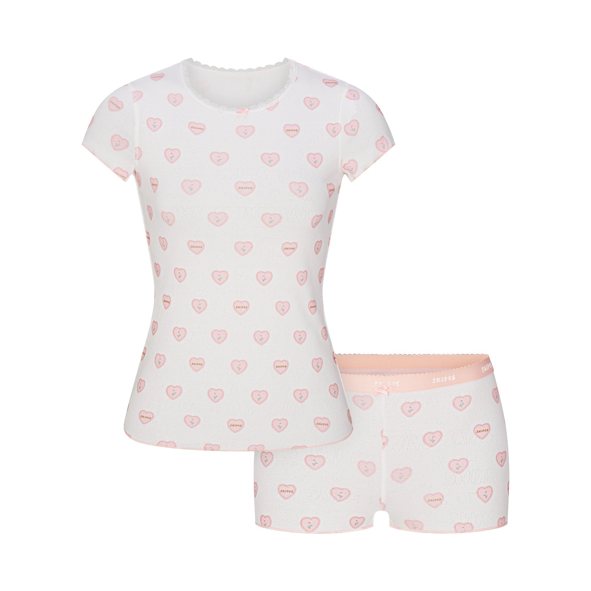 SKIMS LOGO POINTELLE BABY TEE AND MICRO SHORT SET | SNOW LACE HEARTS