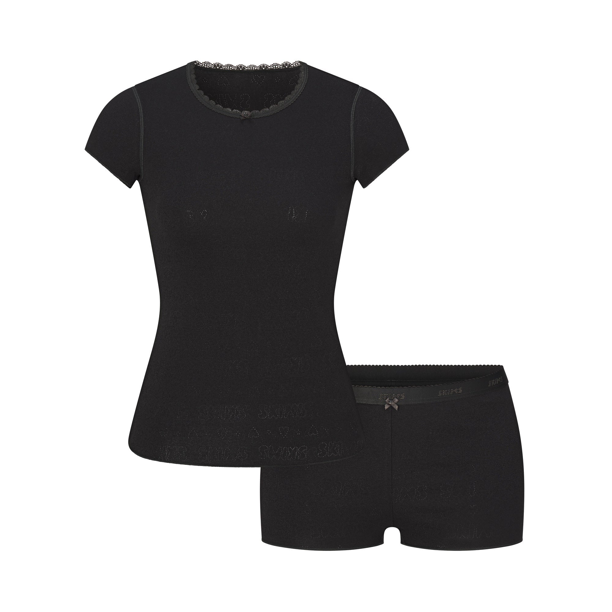 SKIMS LOGO POINTELLE BABY TEE AND MICRO SHORT SET | SOOT