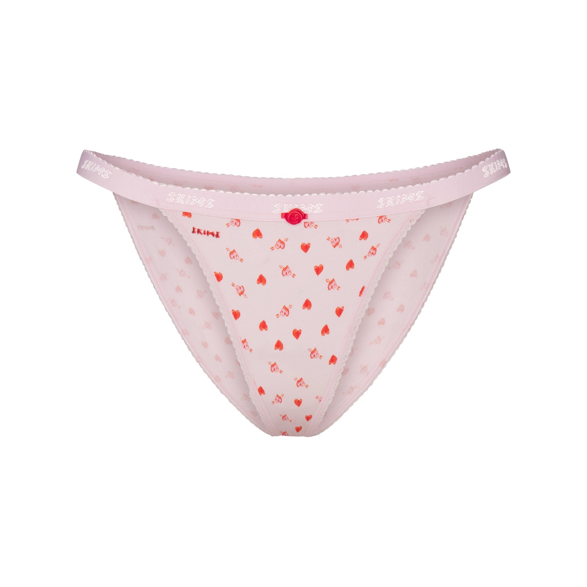 SKIMS LIGHTWEIGHT COTTON LOGO PICOT STRING BIKINI | BABY PINK ARROWED HEARTS