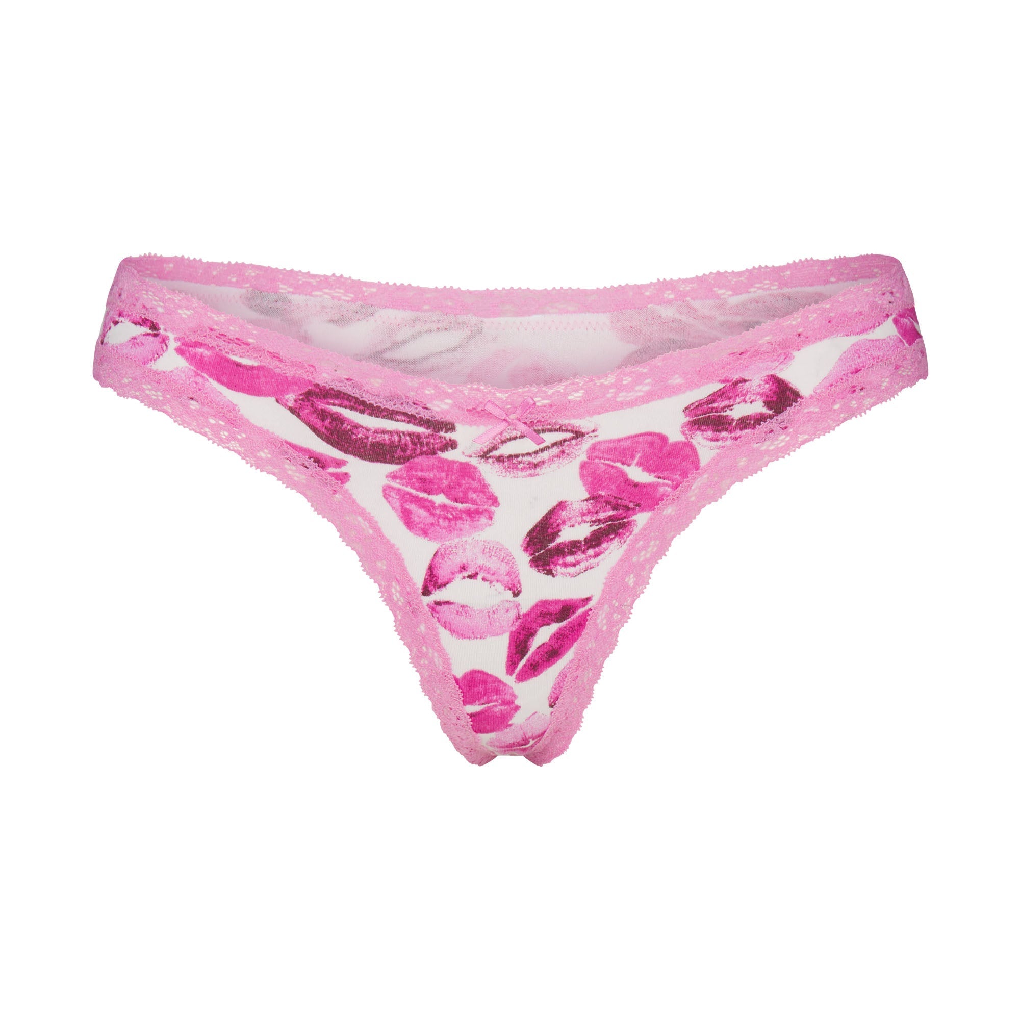 SKIMS LIGHTWEIGHT COTTON LACE THONG | PINK ALLOVER LIPSTICK