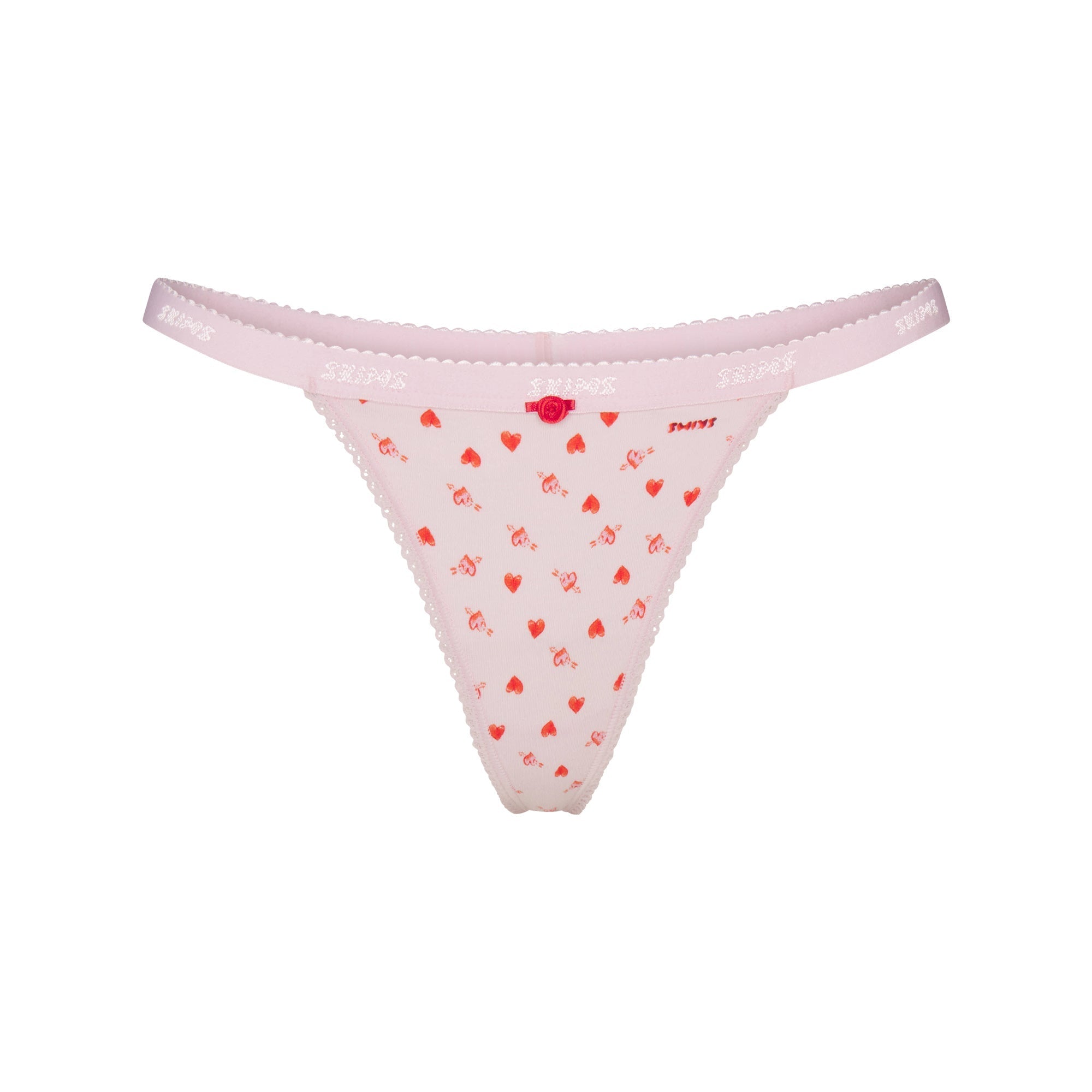 SKIMS LIGHTWEIGHT COTTON LOGO PICOT THONG | BABY PINK ARROWED HEARTS