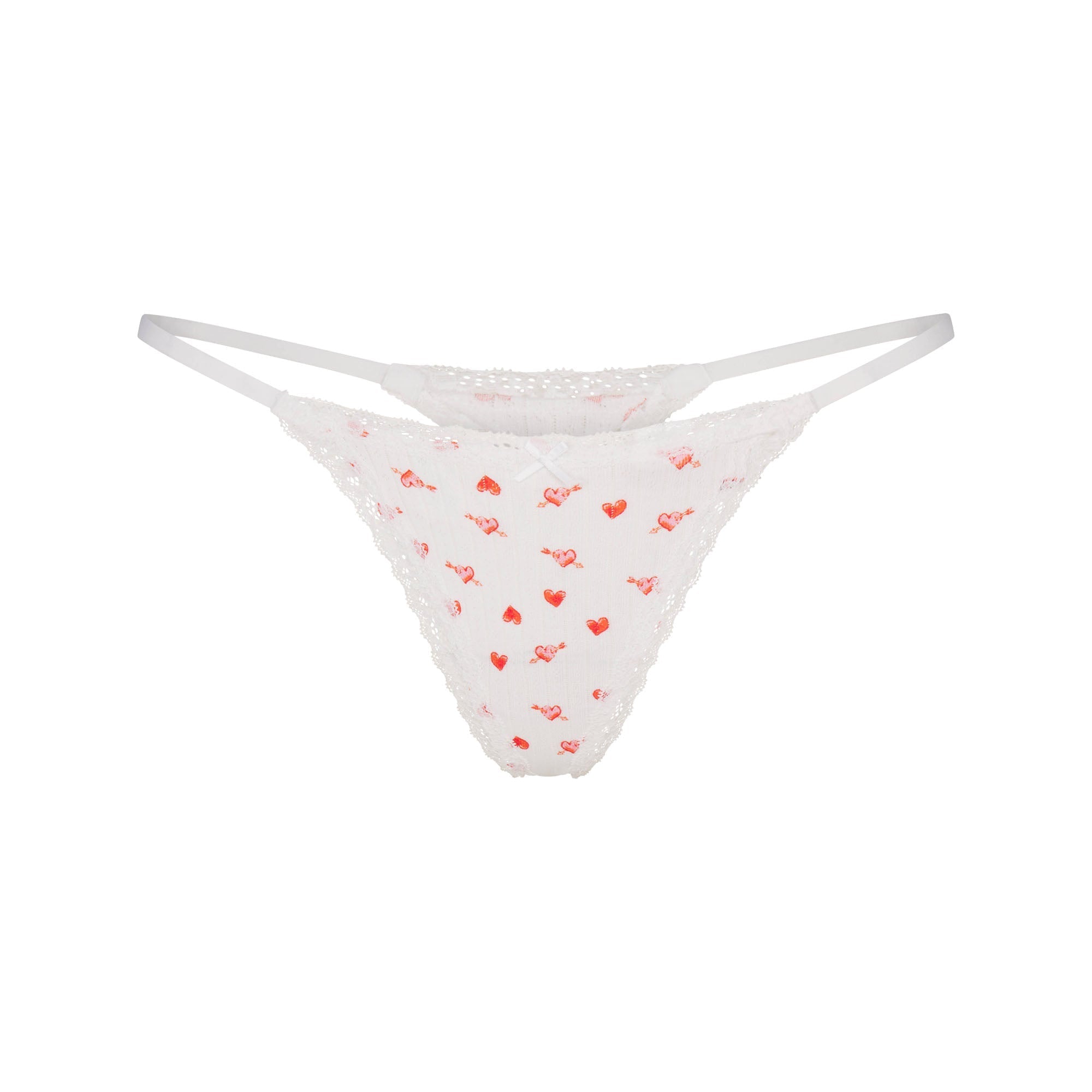 SKIMS LIGHTWEIGHT COTTON POINTELLE LACE STRING THONG | SNOW ARROWED HEARTS