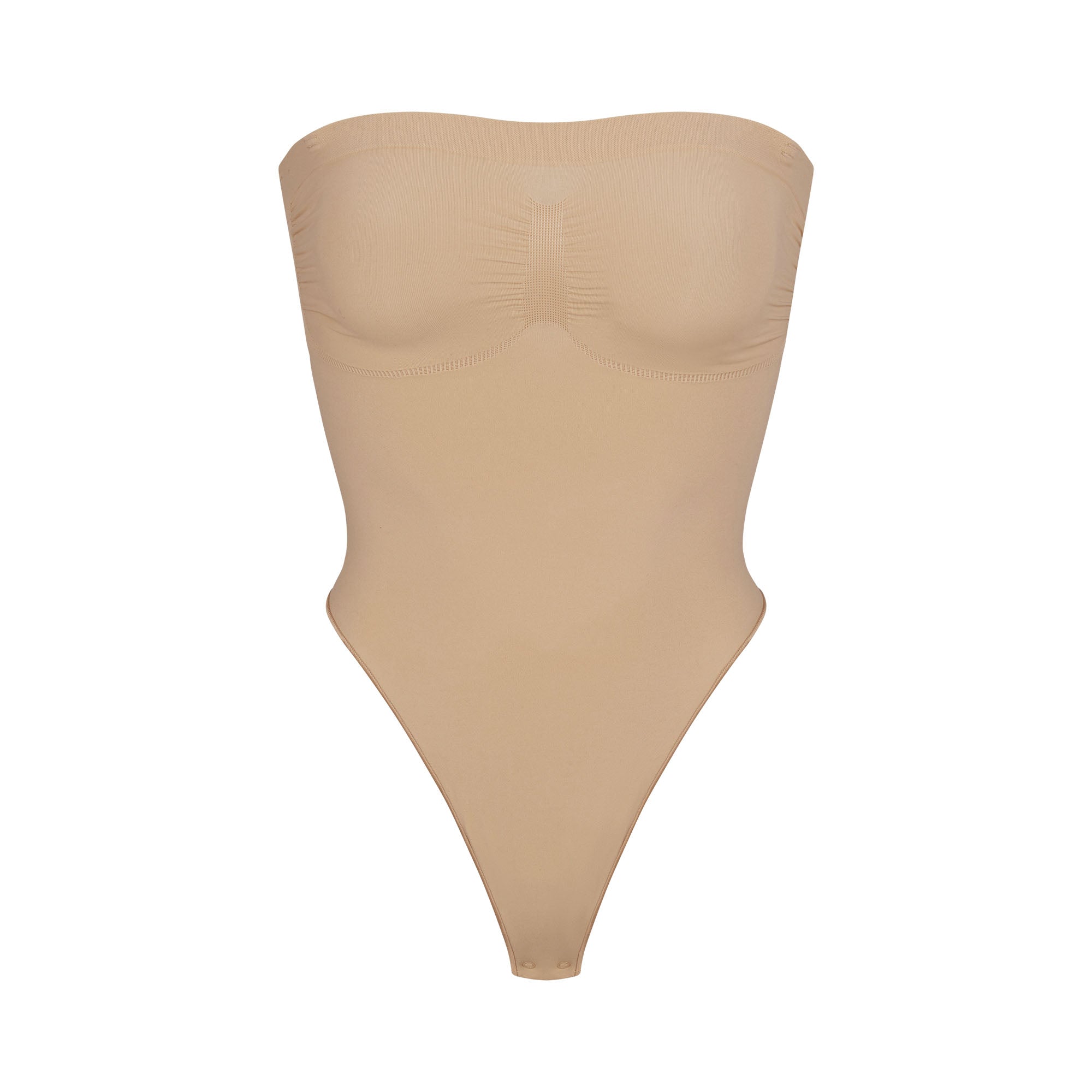 SKIMS SEAMLESS SCULPT STRAPLESS THONG BODYSUIT | CLAY