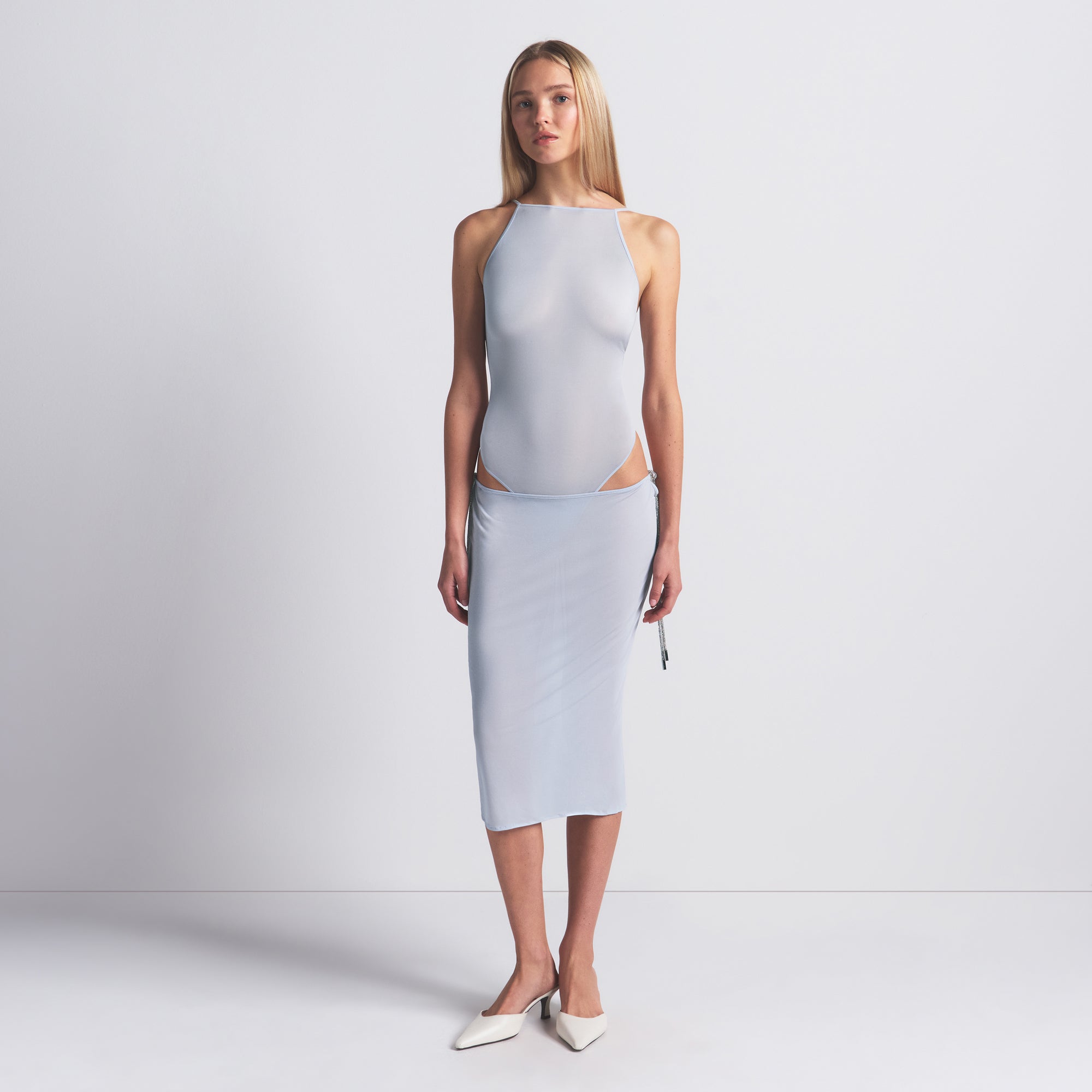 SKIMS RHINESTONE KNIT OPEN BACK BODYSUIT | ZEN BLUE