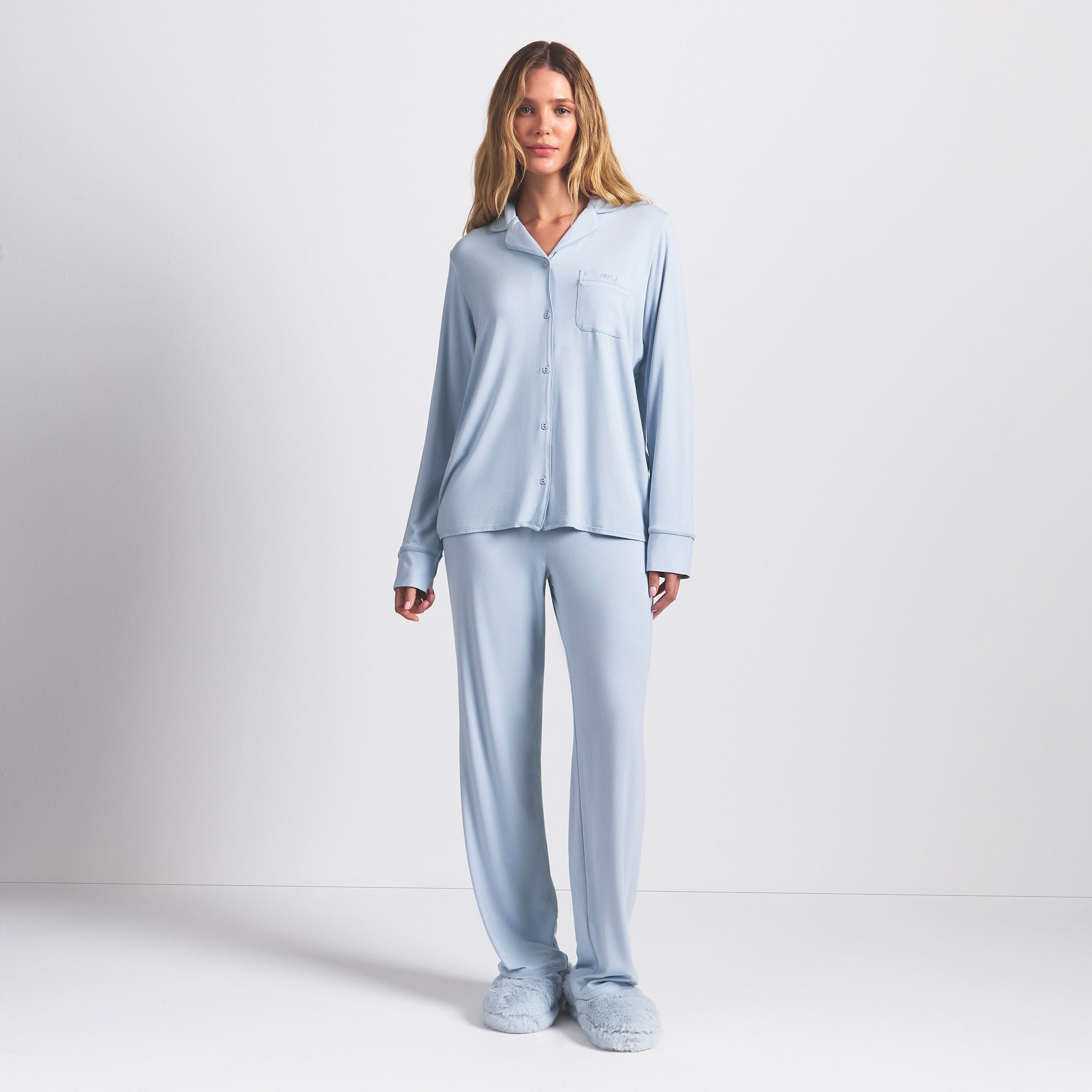 SKIMS SLEEP LONG SLEEVE BUTTON UP SET | ZEN BLUE