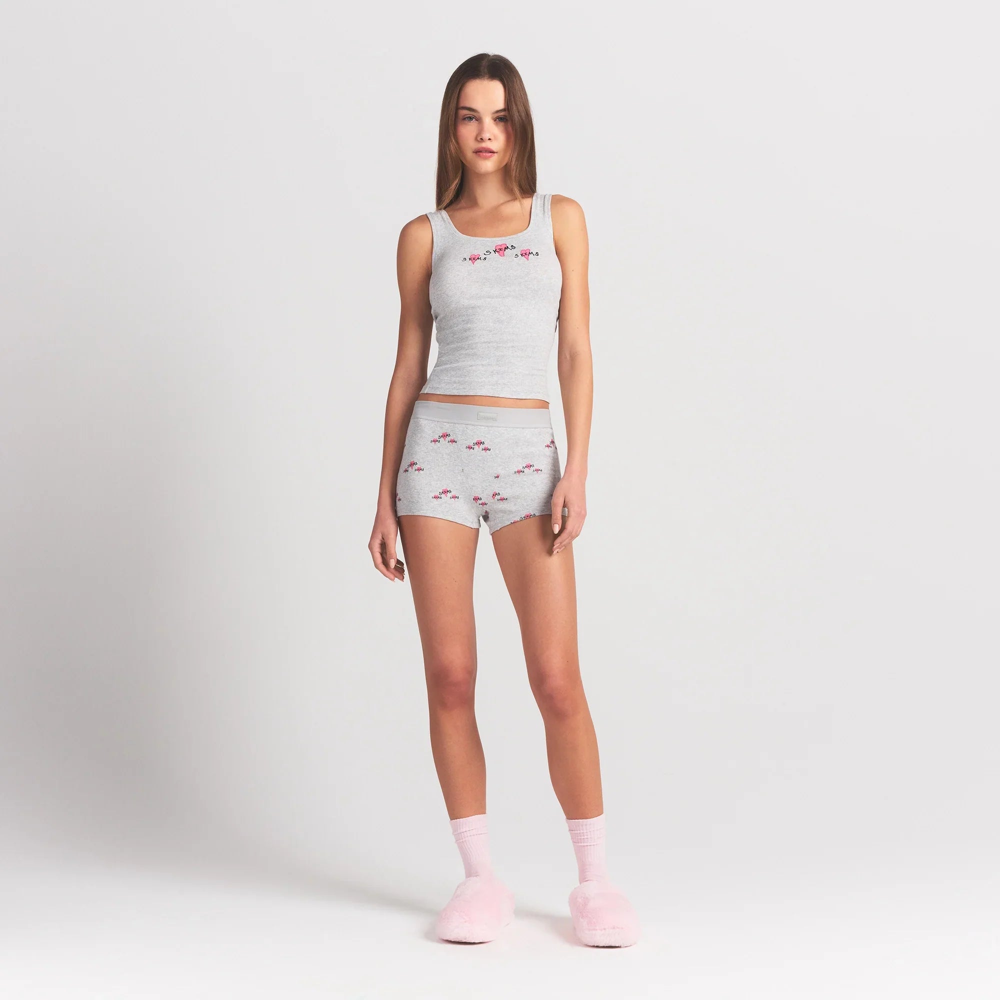 SKIMS COTTON RIB TANK AND SHORT SET | LIGHT HEATHER GREY TRIPLE HEARTS
