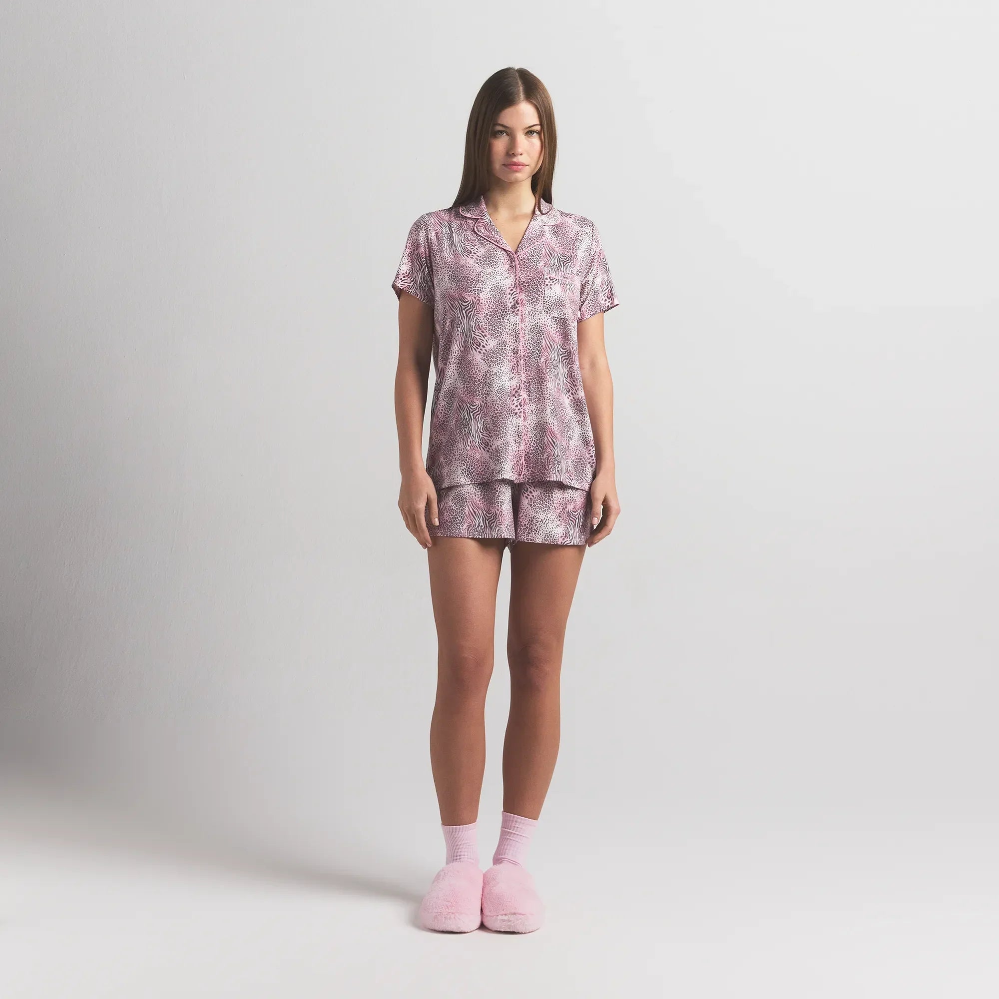 SKIMS SLEEP SHORT SLEEVE BUTTON UP SET | BLOOM MINI MULTI ANIMAL