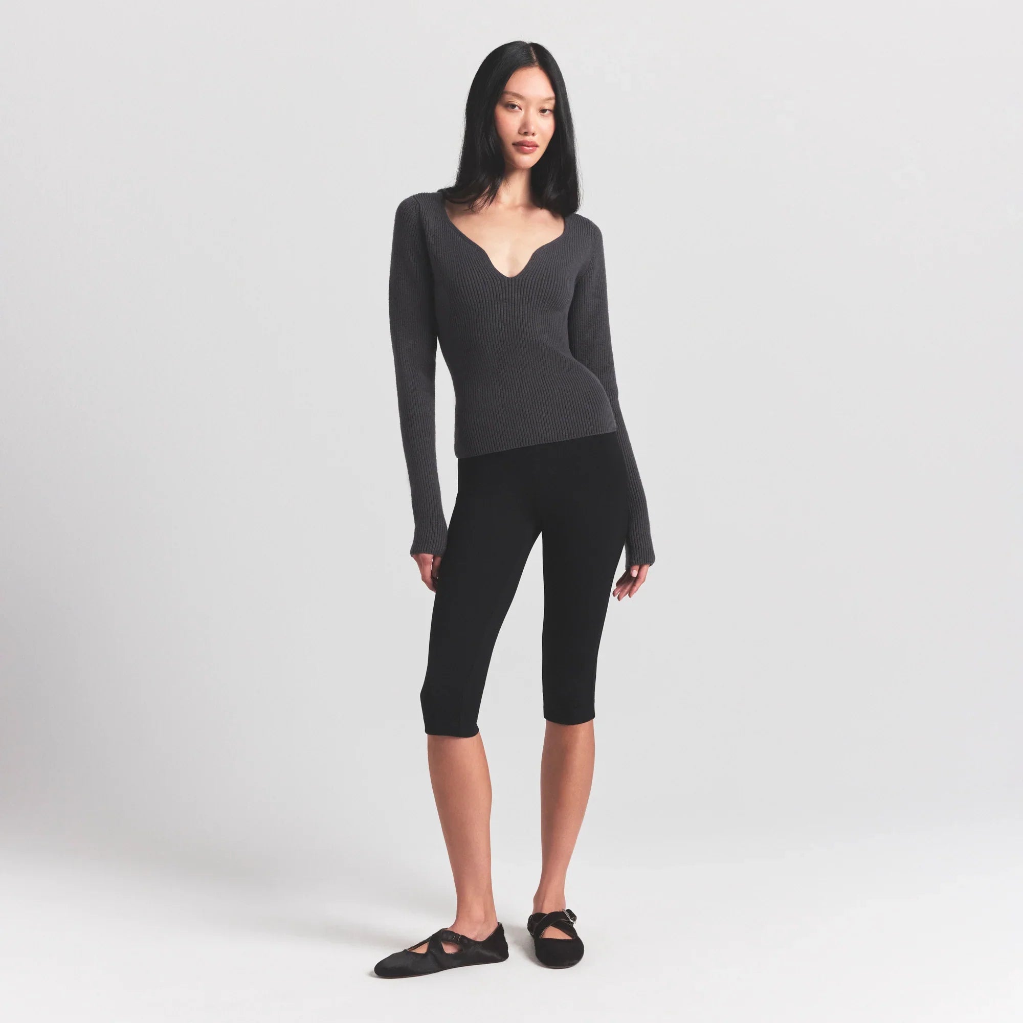 SKIMS SWEATER KNITS RIBBED LONG SLEEVE TOP | ASH