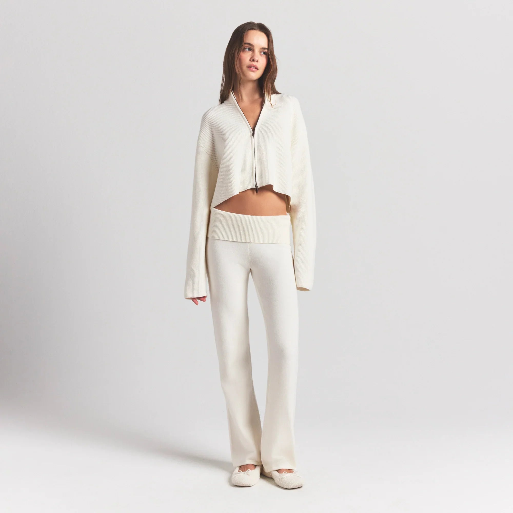 SKIMS SWEATER KNITS RIBBED MOCK NECK ZIP UP | IVORY