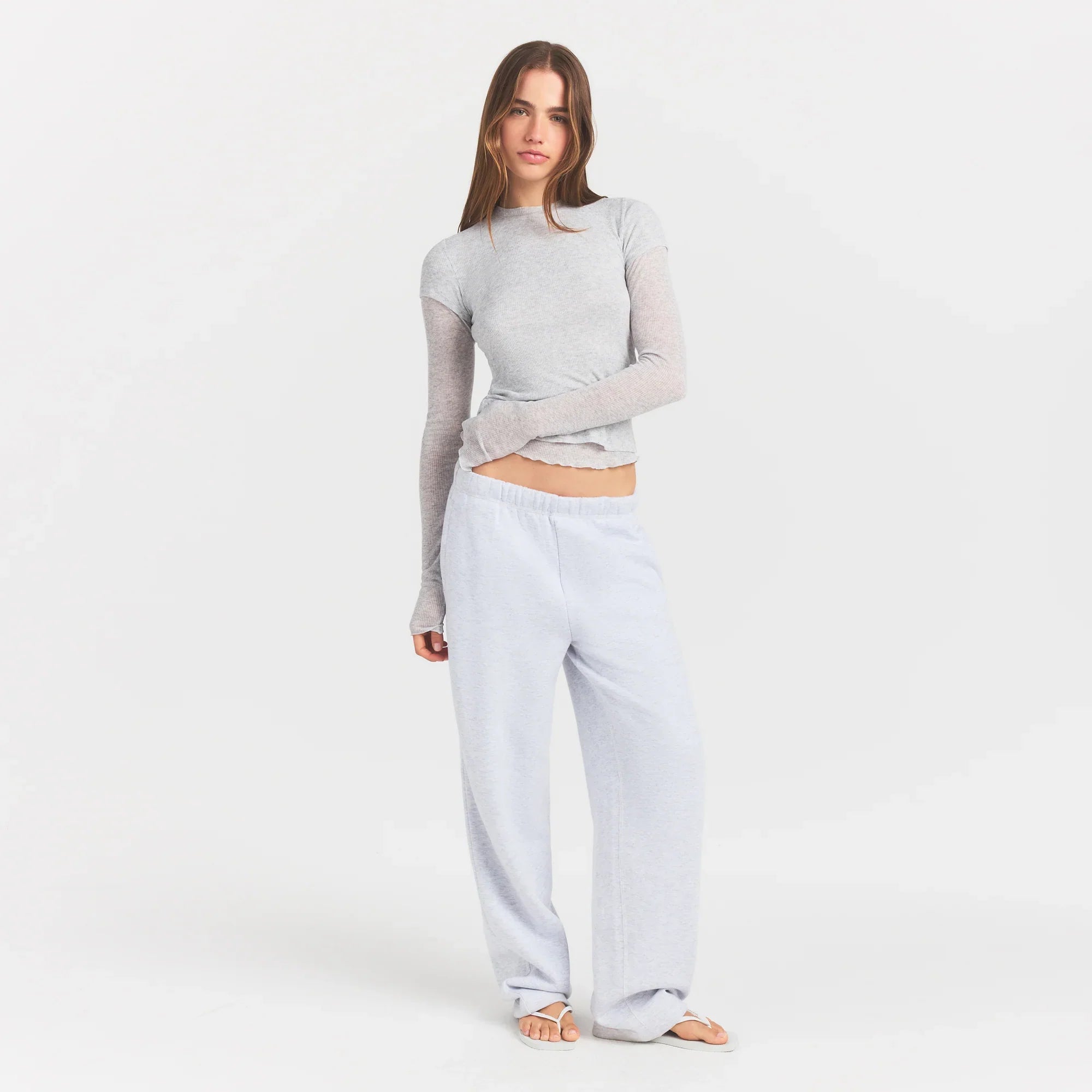 SKIMS SHEER RIB LONG SLEEVE TOP | LIGHT HEATHER GREY