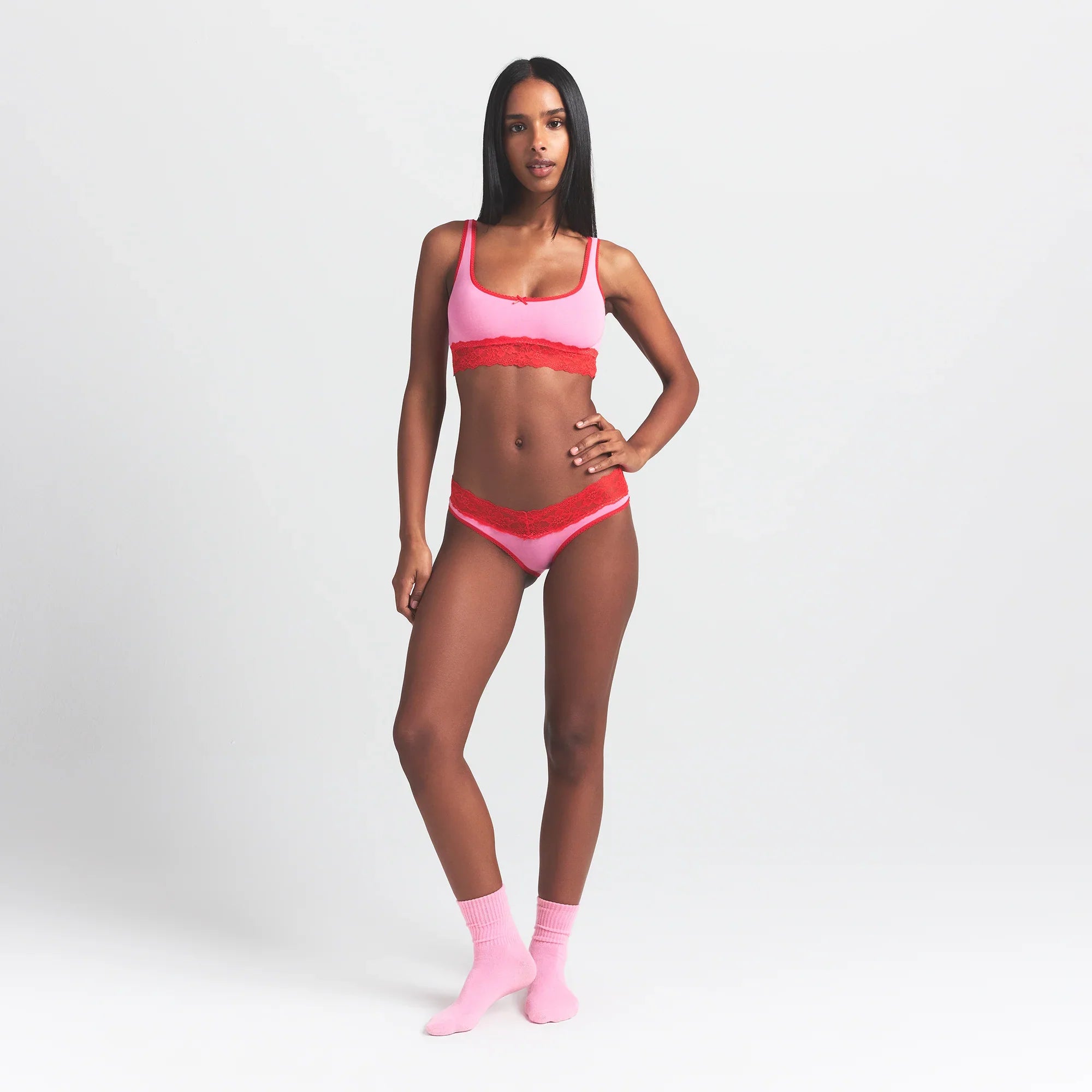 SKIMS LIGHTWEIGHT COTTON WIDE LACE BRIEF | CARNATION CONTRAST