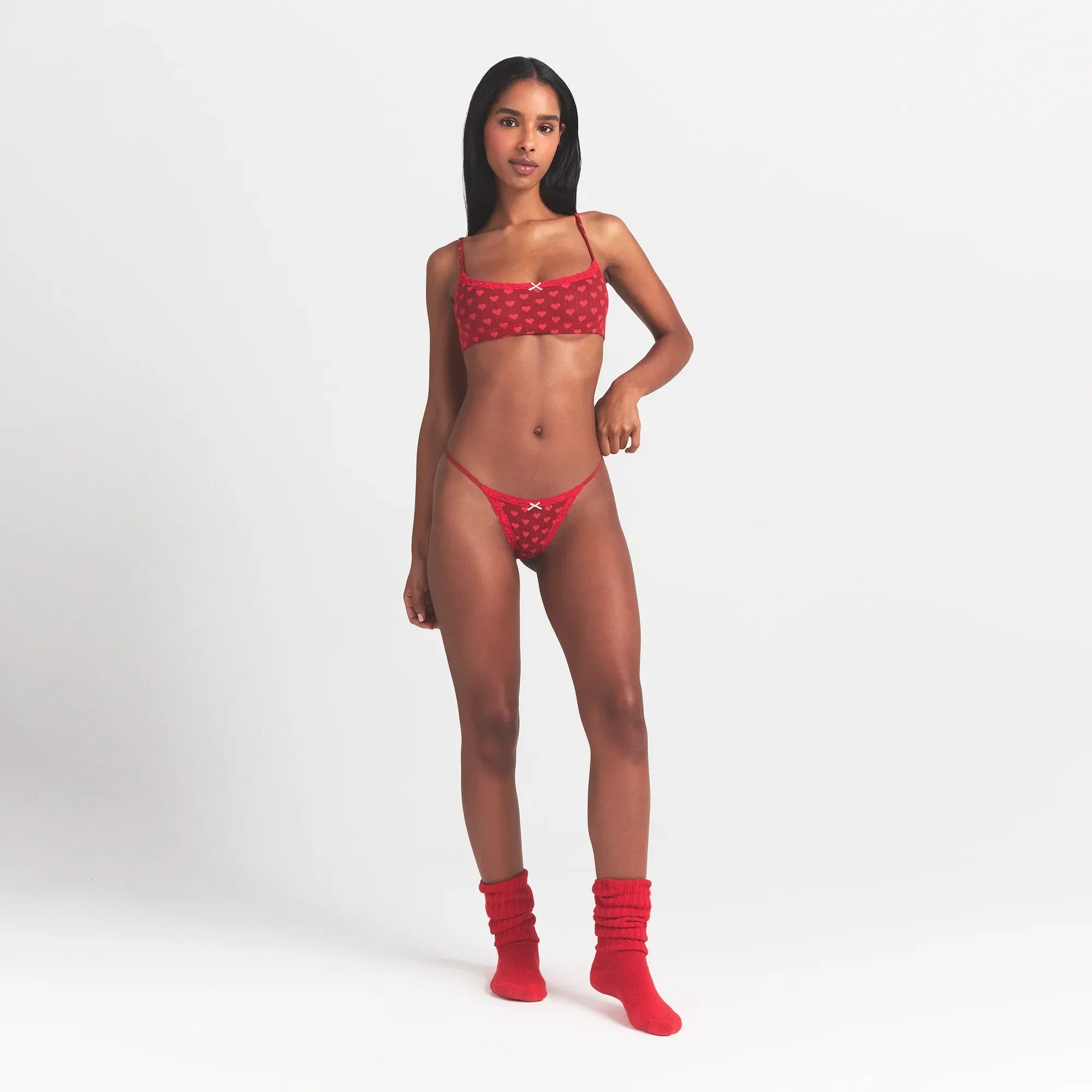 SKIMS LIGHTWEIGHT COTTON POINTELLE LACE STRING THONG | BRICK HEART HALFDROP